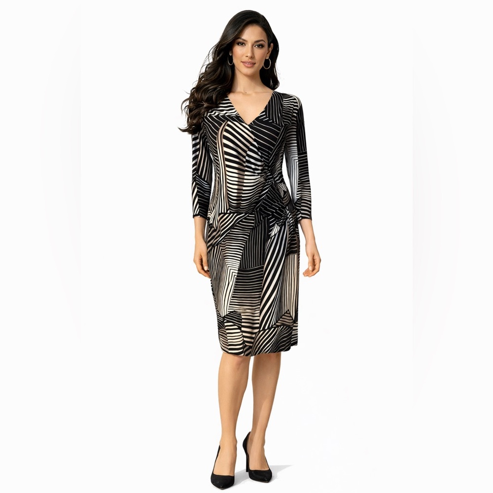 Adrianna Papell Dress 8 Black Tan White Stretch Sheath Career Church
